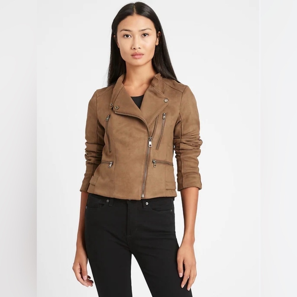 NEW Women’s Banana Republic Vegan Suede Quilted Biker Jacket Medium NWT Brown